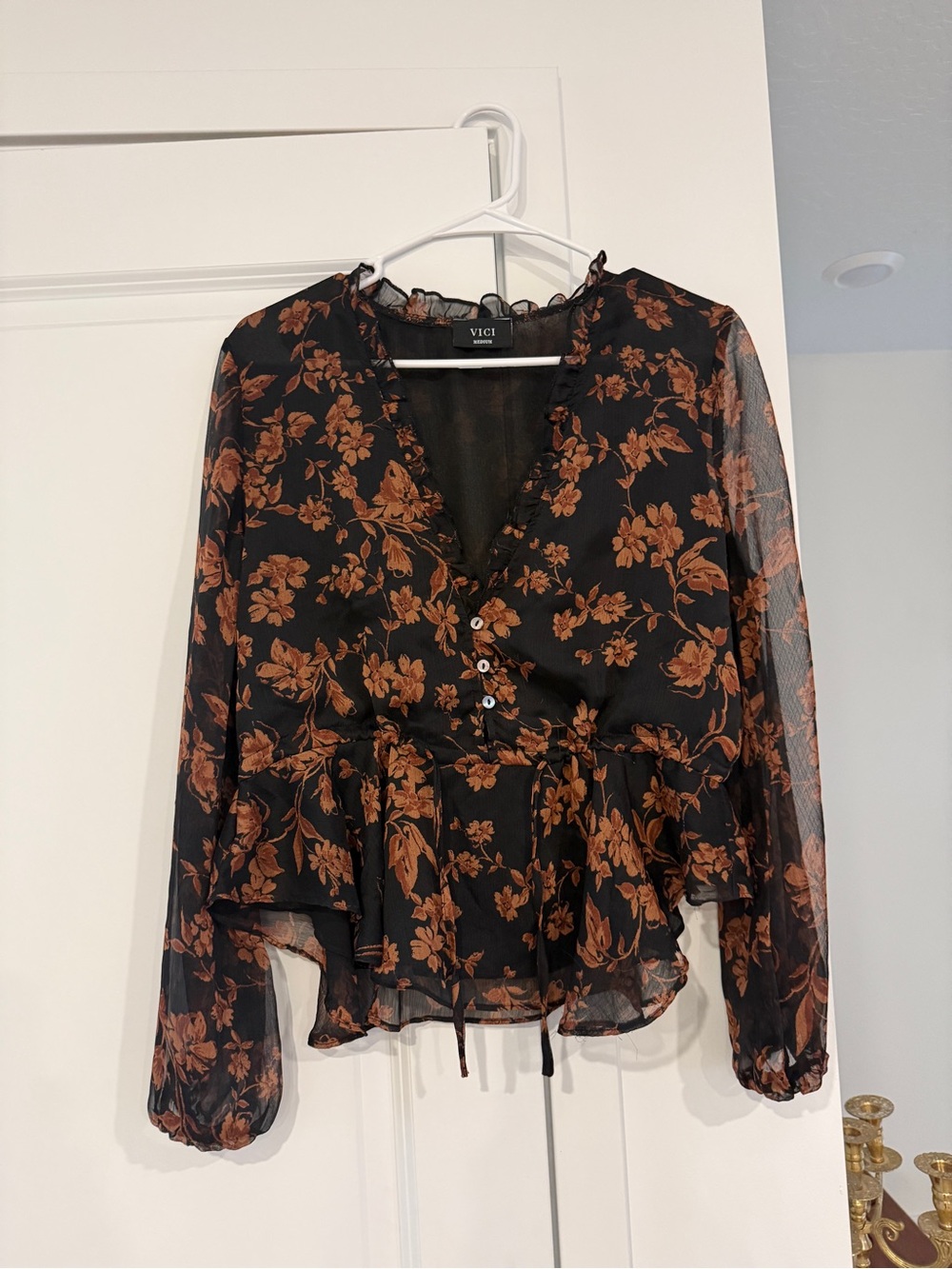 VICI Black Floral Peplum Blouse in Rust